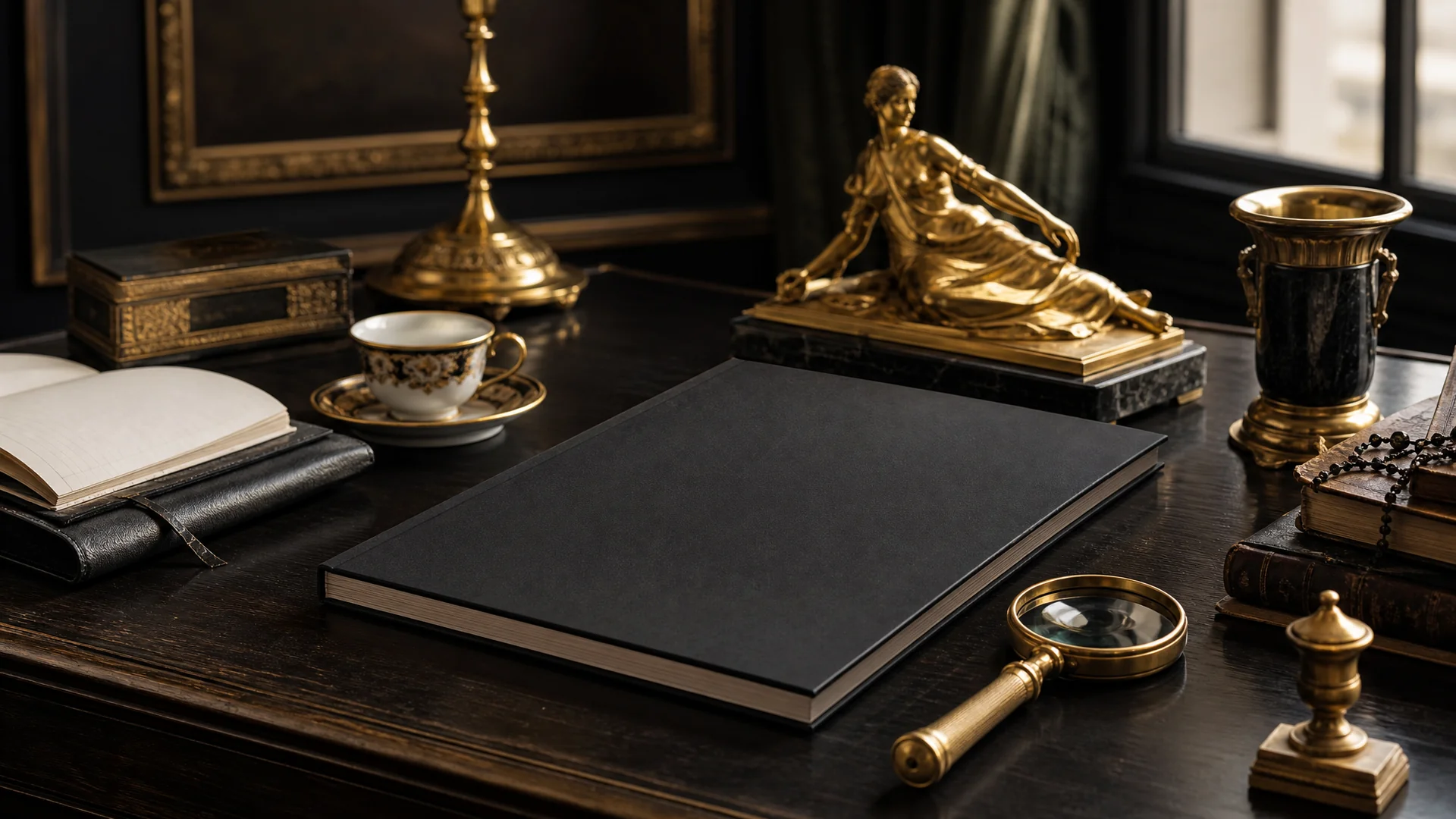 Bureau d'expert avec carnet relié, loupe et catalogue