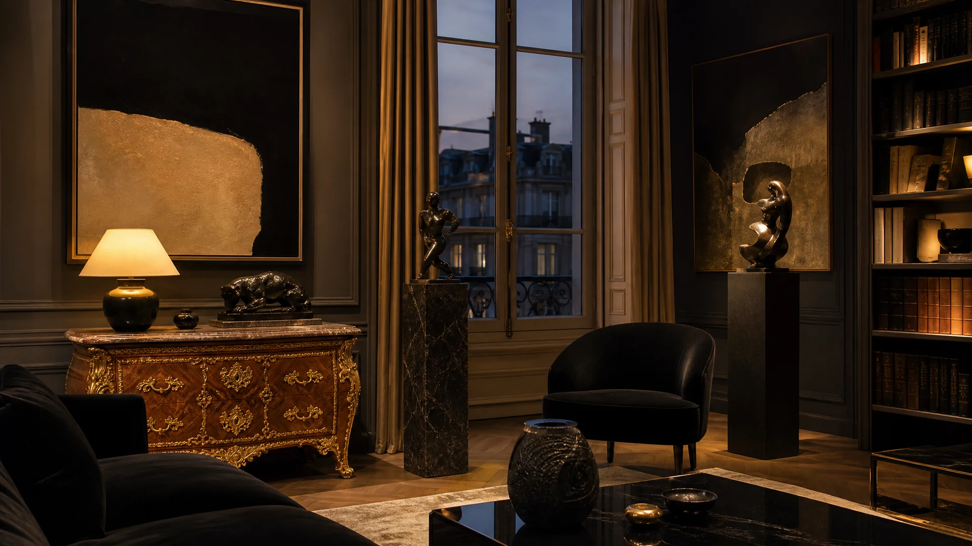 Appartement parisien au crepuscule, collection privee : commode XVIIIe, bronzes et tableaux