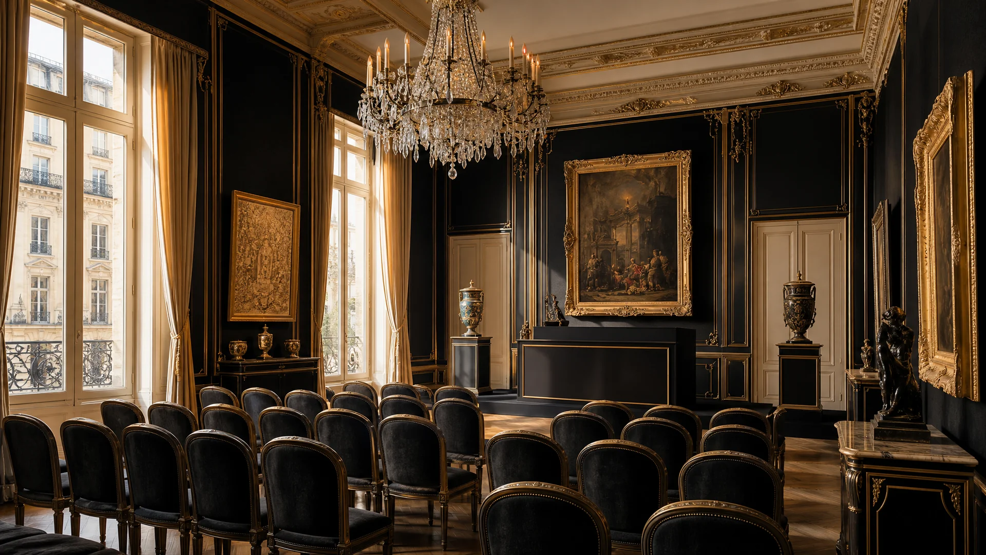 Grande salle des ventes parisienne : lustre de cristal, moulures dorees et cimaises